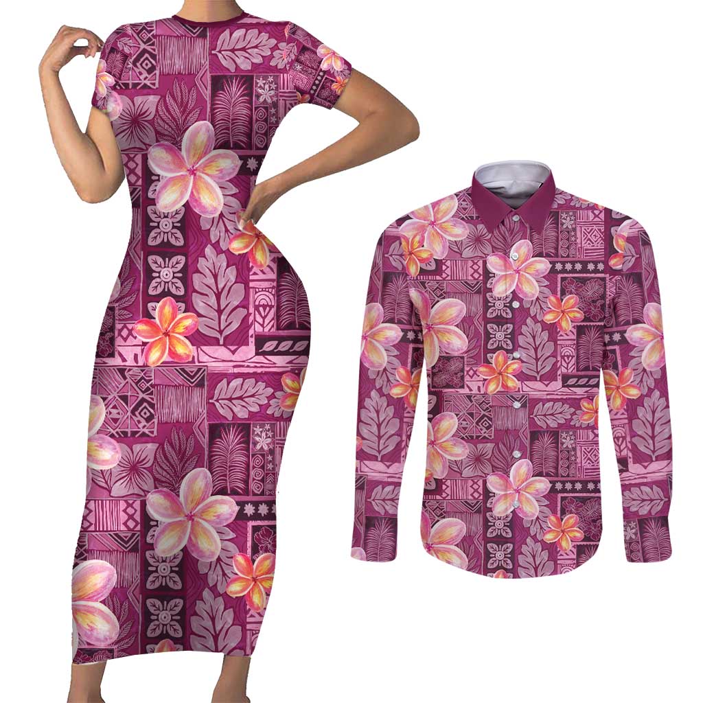 Pink Hawaii Plumeria With Tropical Flowers Motifs Couples Matching Short Sleeve Bodycon Dress and Long Sleeve Button Shirt