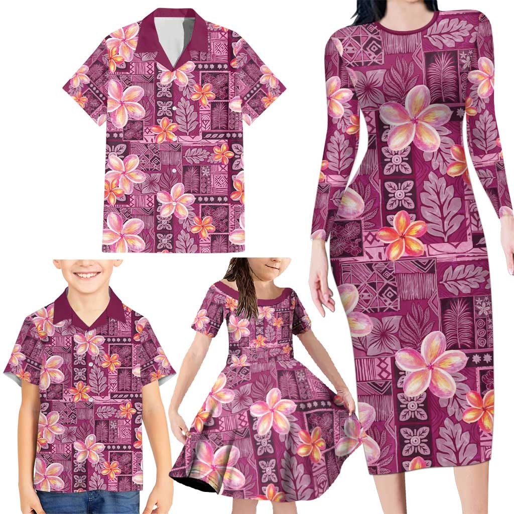 Pink Hawaii Plumeria With Tropical Flowers Motifs Family Matching Long Sleeve Bodycon Dress and Hawaiian Shirt