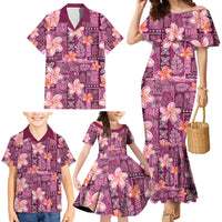 Pink Hawaii Plumeria With Tropical Flowers Motifs Family Matching Mermaid Dress and Hawaiian Shirt