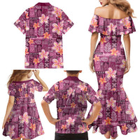 Pink Hawaii Plumeria With Tropical Flowers Motifs Family Matching Mermaid Dress and Hawaiian Shirt