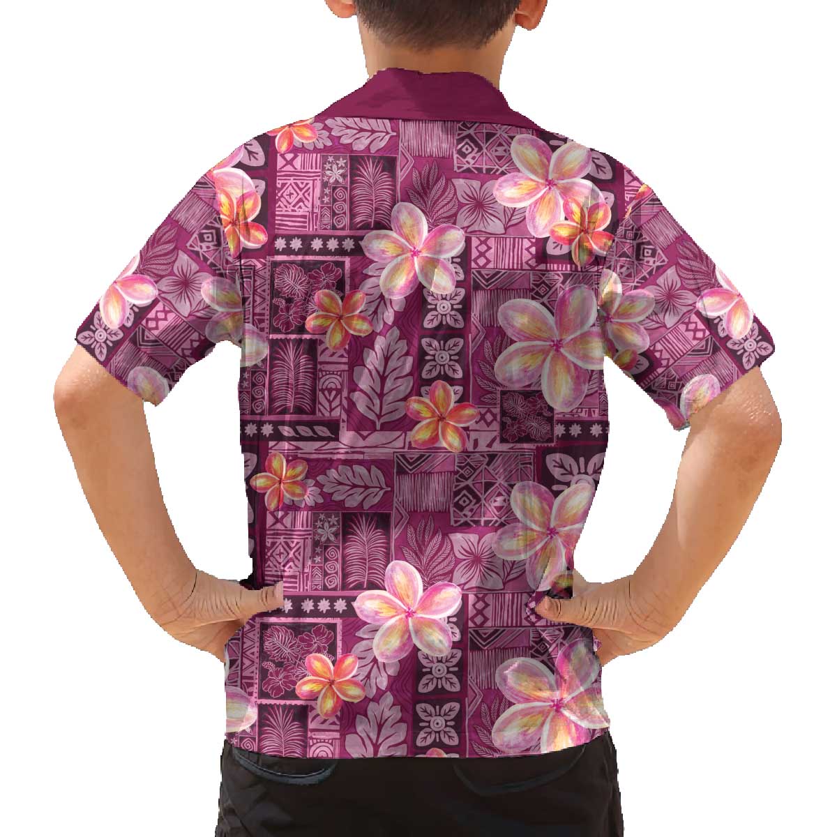 Pink Hawaii Plumeria With Tropical Flowers Motifs Family Matching Off The Shoulder Long Sleeve Dress and Hawaiian Shirt