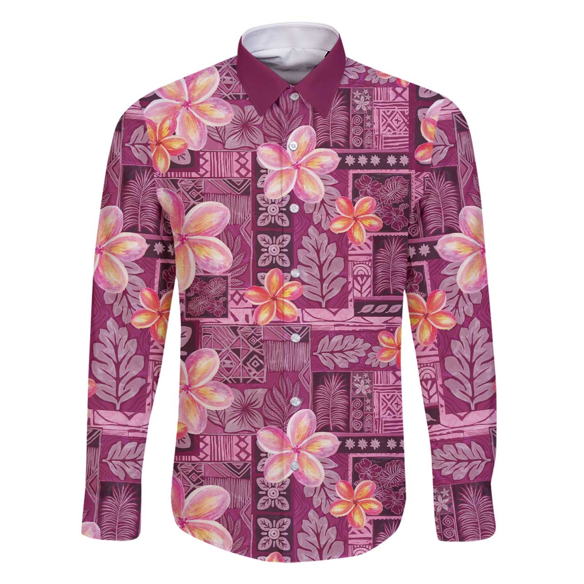 Pink Hawaii Plumeria With Tropical Flowers Motifs Family Matching Off The Shoulder Long Sleeve Dress and Hawaiian Shirt