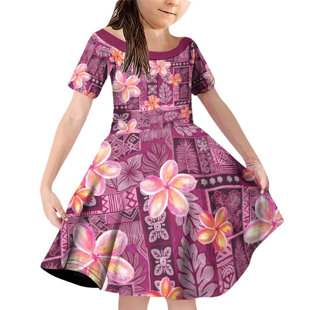 Pink Hawaii Plumeria With Tropical Flowers Motifs Family Matching Off Shoulder Short Dress and Hawaiian Shirt