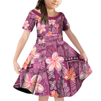 Pink Hawaii Plumeria With Tropical Flowers Motifs Family Matching Off Shoulder Short Dress and Hawaiian Shirt