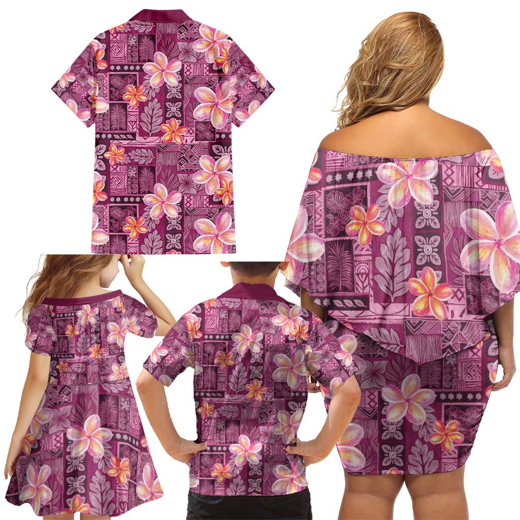 Pink Hawaii Plumeria With Tropical Flowers Motifs Family Matching Off Shoulder Short Dress and Hawaiian Shirt