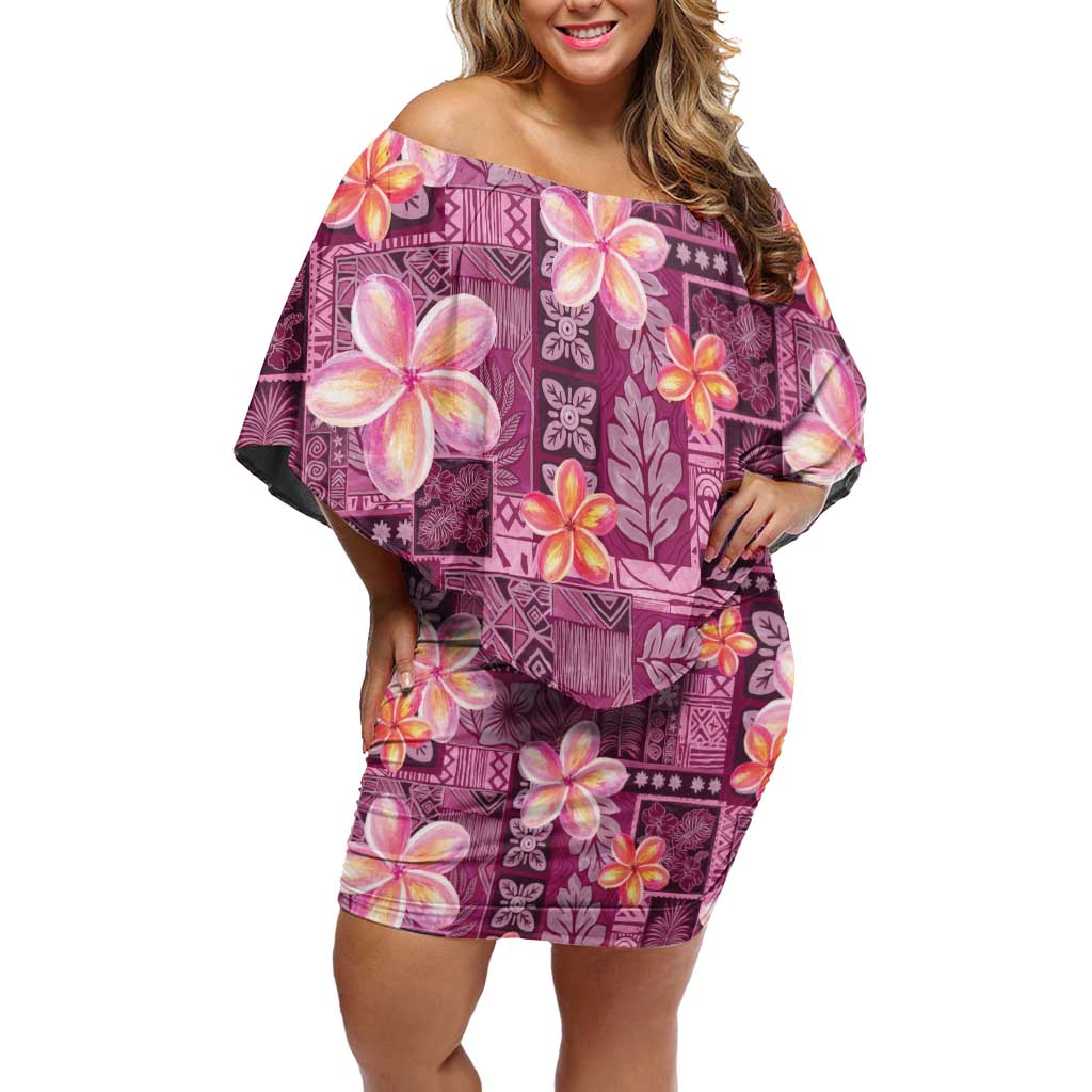 Pink Hawaii Plumeria With Tropical Flowers Motifs Family Matching Off Shoulder Short Dress and Hawaiian Shirt