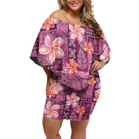 Pink Hawaii Plumeria With Tropical Flowers Motifs Family Matching Off Shoulder Short Dress and Hawaiian Shirt