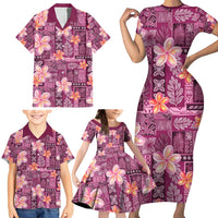 Pink Hawaii Plumeria With Tropical Flowers Motifs Family Matching Short Sleeve Bodycon Dress and Hawaiian Shirt