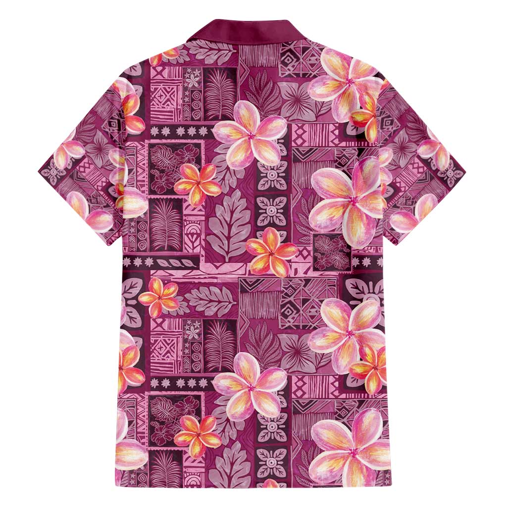 Pink Hawaii Plumeria With Tropical Flowers Motifs Family Matching Short Sleeve Bodycon Dress and Hawaiian Shirt