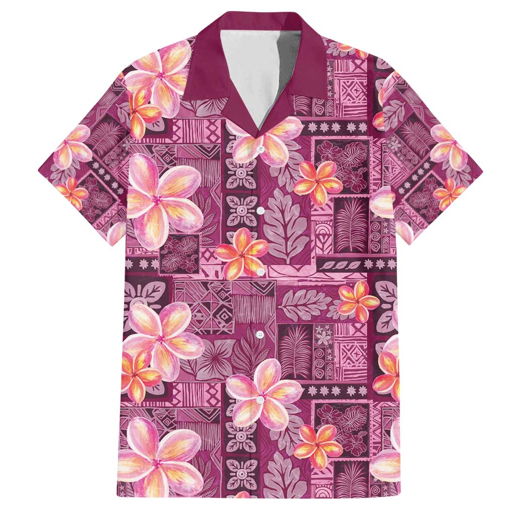 Pink Hawaii Plumeria With Tropical Flowers Motifs Family Matching Summer Maxi Dress and Hawaiian Shirt