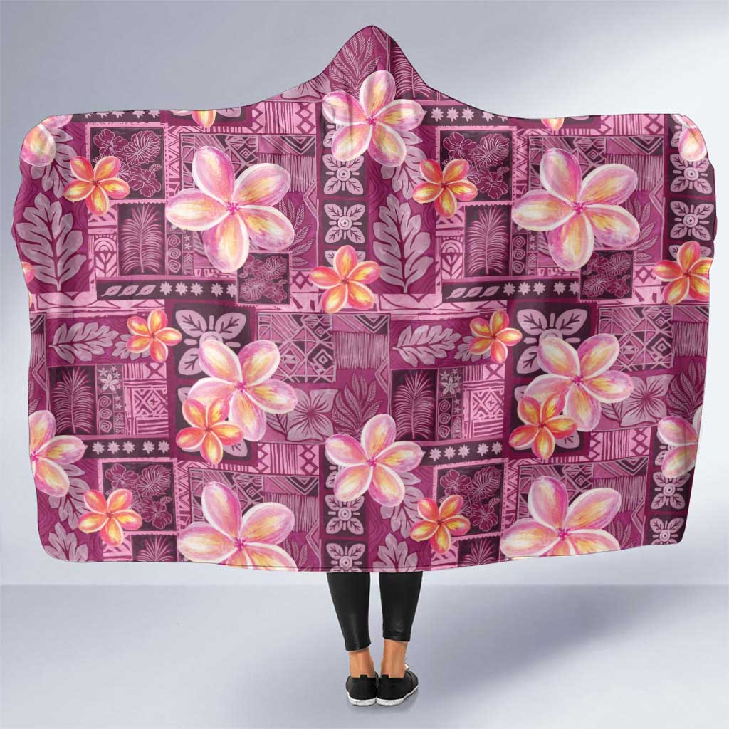Pink Hawaii Plumeria With Tropical Flowers Motifs Hooded Blanket
