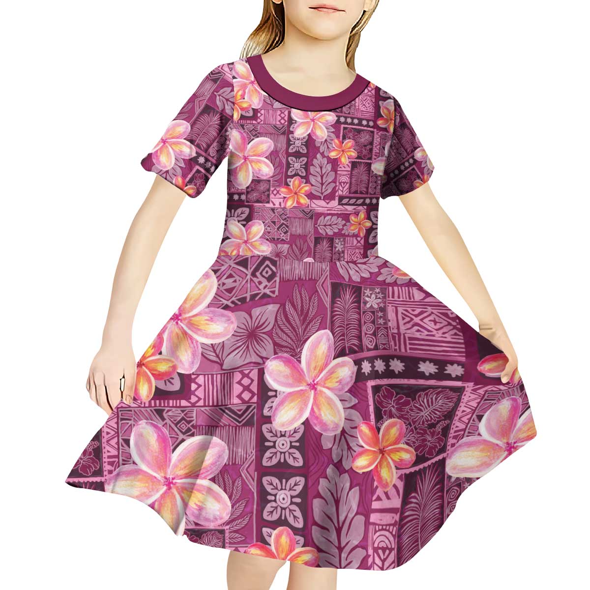 Pink Hawaii Plumeria With Tropical Flowers Motifs Kid Short Sleeve Dress