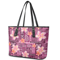 Pink Hawaii Plumeria With Tropical Flowers Motifs Leather Tote Bag