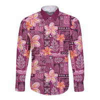Pink Hawaii Plumeria With Tropical Flowers Motifs Long Sleeve Button Shirt