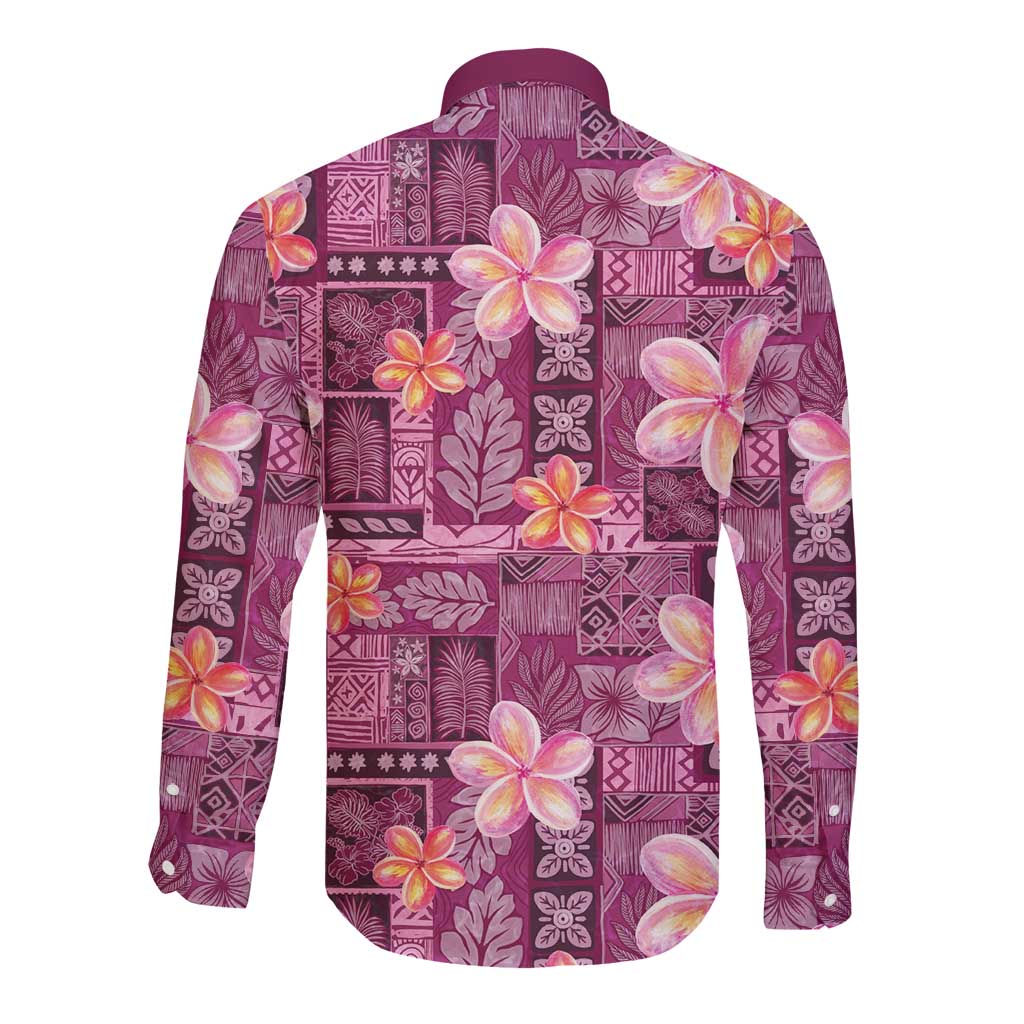 Pink Hawaii Plumeria With Tropical Flowers Motifs Long Sleeve Button Shirt