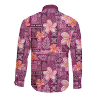 Pink Hawaii Plumeria With Tropical Flowers Motifs Long Sleeve Button Shirt