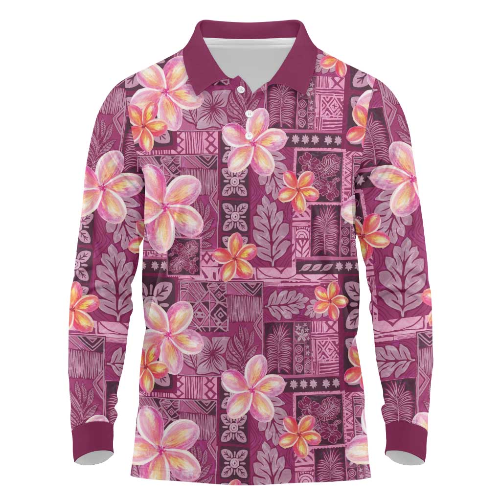 Pink Hawaii Plumeria With Tropical Flowers Motifs Long Sleeve Polo Shirt
