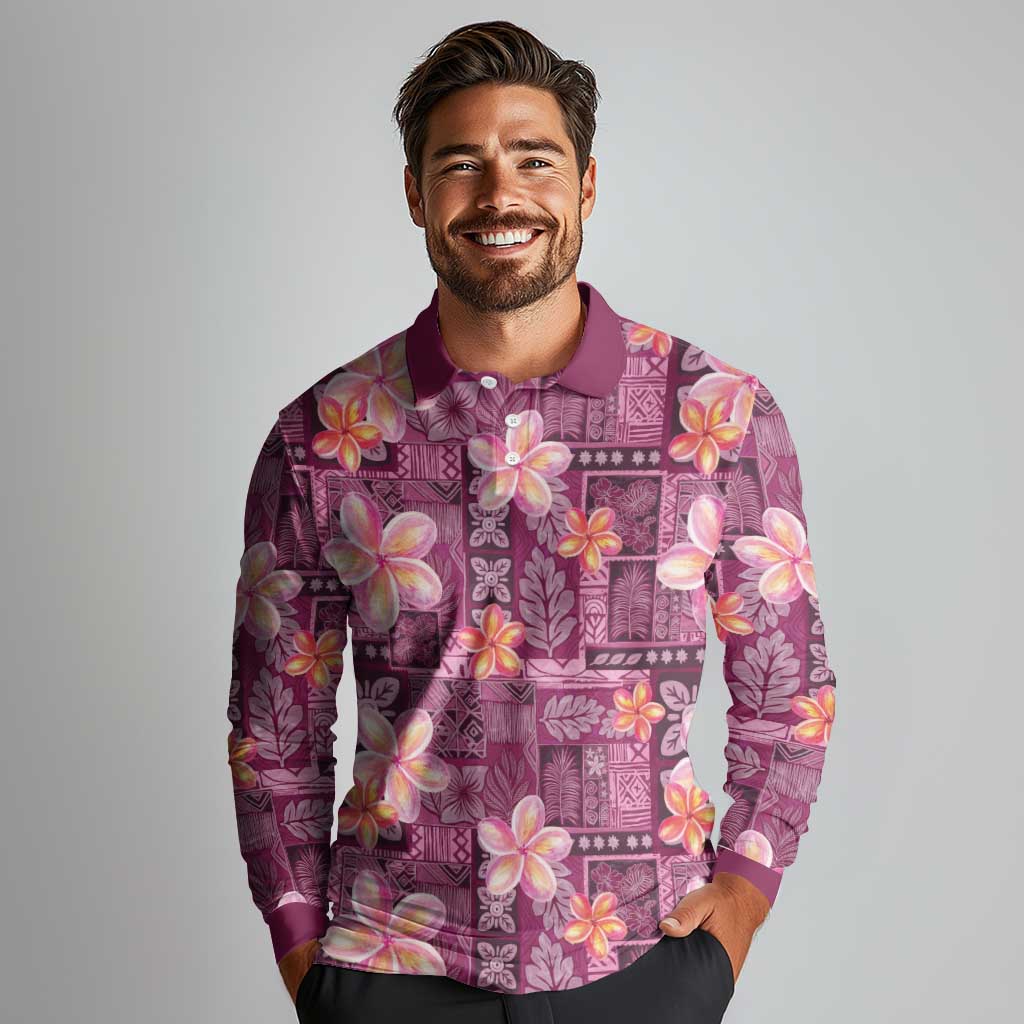 Pink Hawaii Plumeria With Tropical Flowers Motifs Long Sleeve Polo Shirt