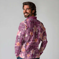 Pink Hawaii Plumeria With Tropical Flowers Motifs Long Sleeve Polo Shirt