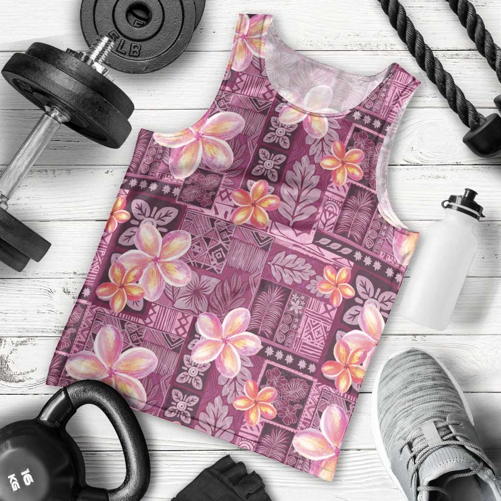Pink Hawaii Plumeria With Tropical Flowers Motifs Men Tank Top