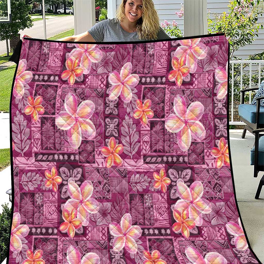 Pink Hawaii Plumeria With Tropical Flowers Motifs Quilt