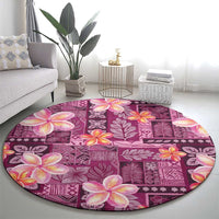 Pink Hawaii Plumeria With Tropical Flowers Motifs Round Carpet