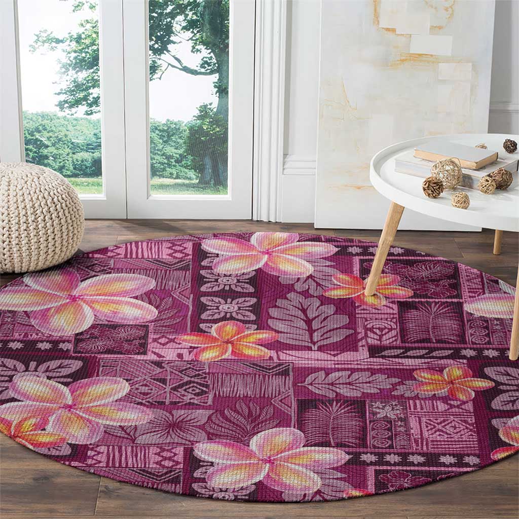Pink Hawaii Plumeria With Tropical Flowers Motifs Round Carpet