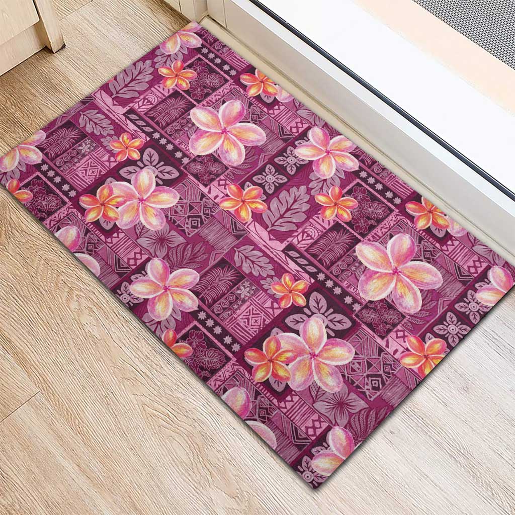 Pink Hawaii Plumeria With Tropical Flowers Motifs Rubber Doormat