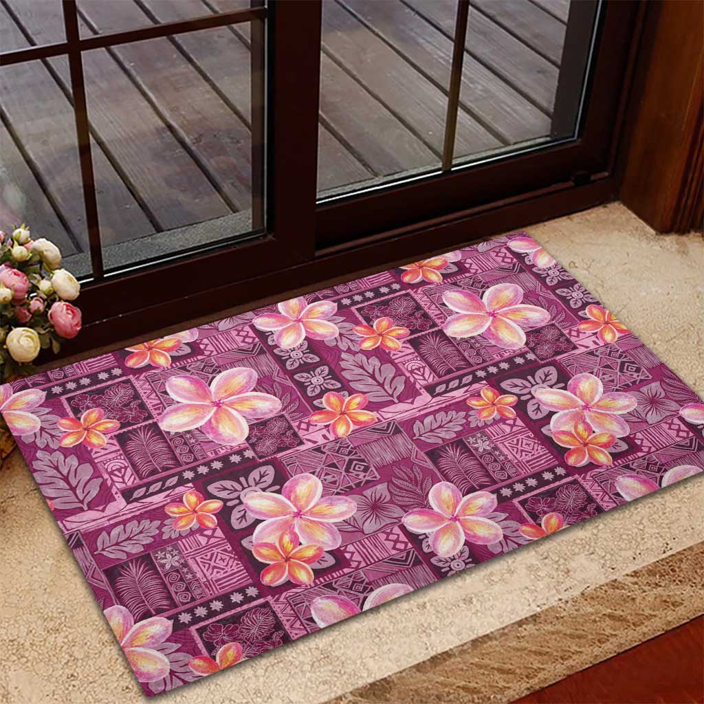 Pink Hawaii Plumeria With Tropical Flowers Motifs Rubber Doormat