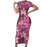 Pink Hawaii Plumeria With Tropical Flowers Motifs Short Sleeve Bodycon Dress