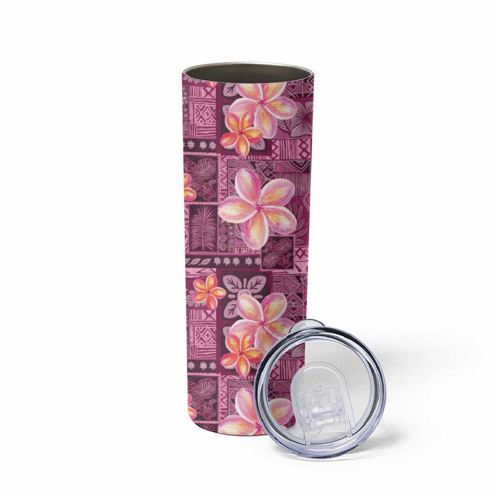 Pink Hawaii Plumeria With Tropical Flowers Motifs Skinny Tumbler