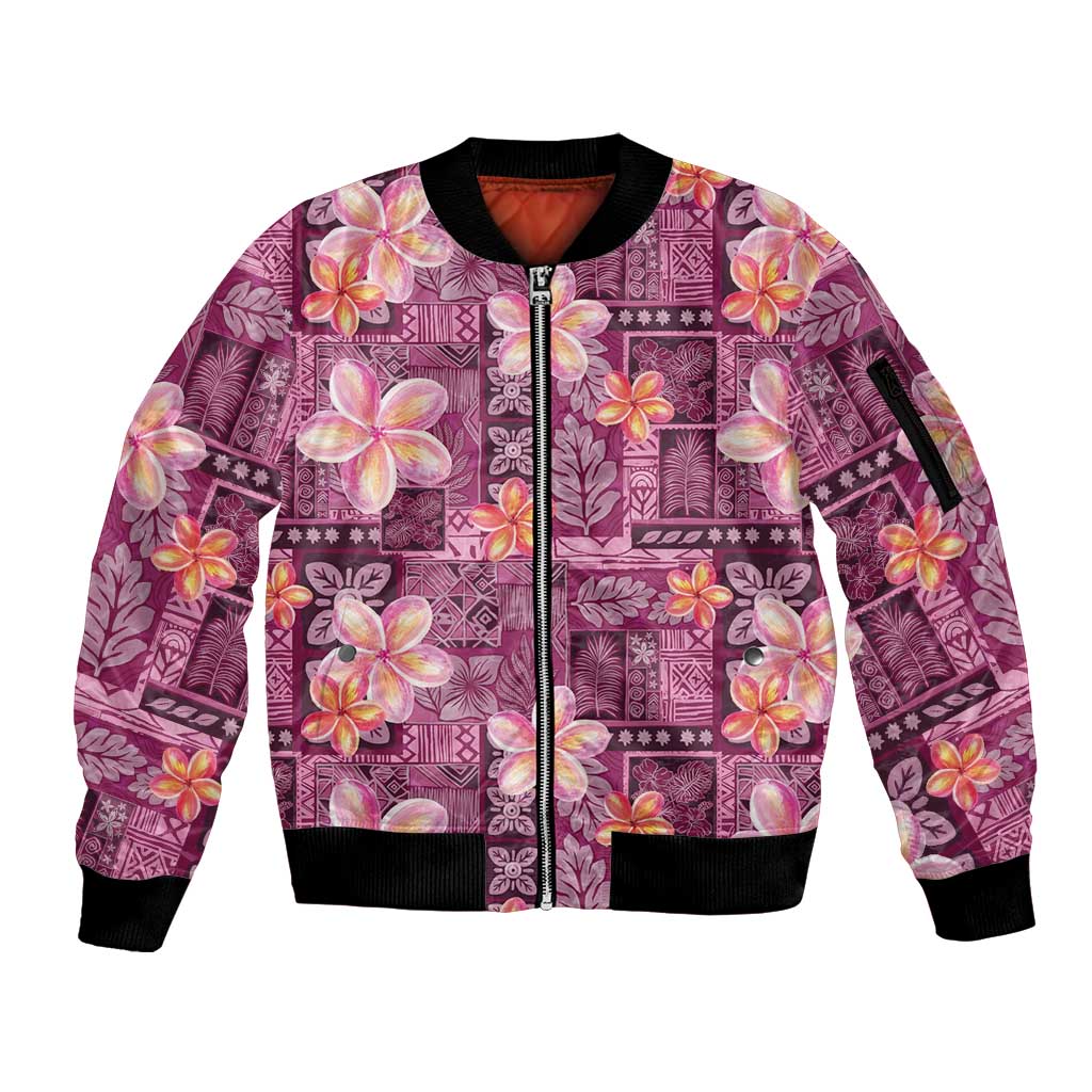 Pink Hawaii Plumeria With Tropical Flowers Motifs Sleeve Zip Bomber Jacket