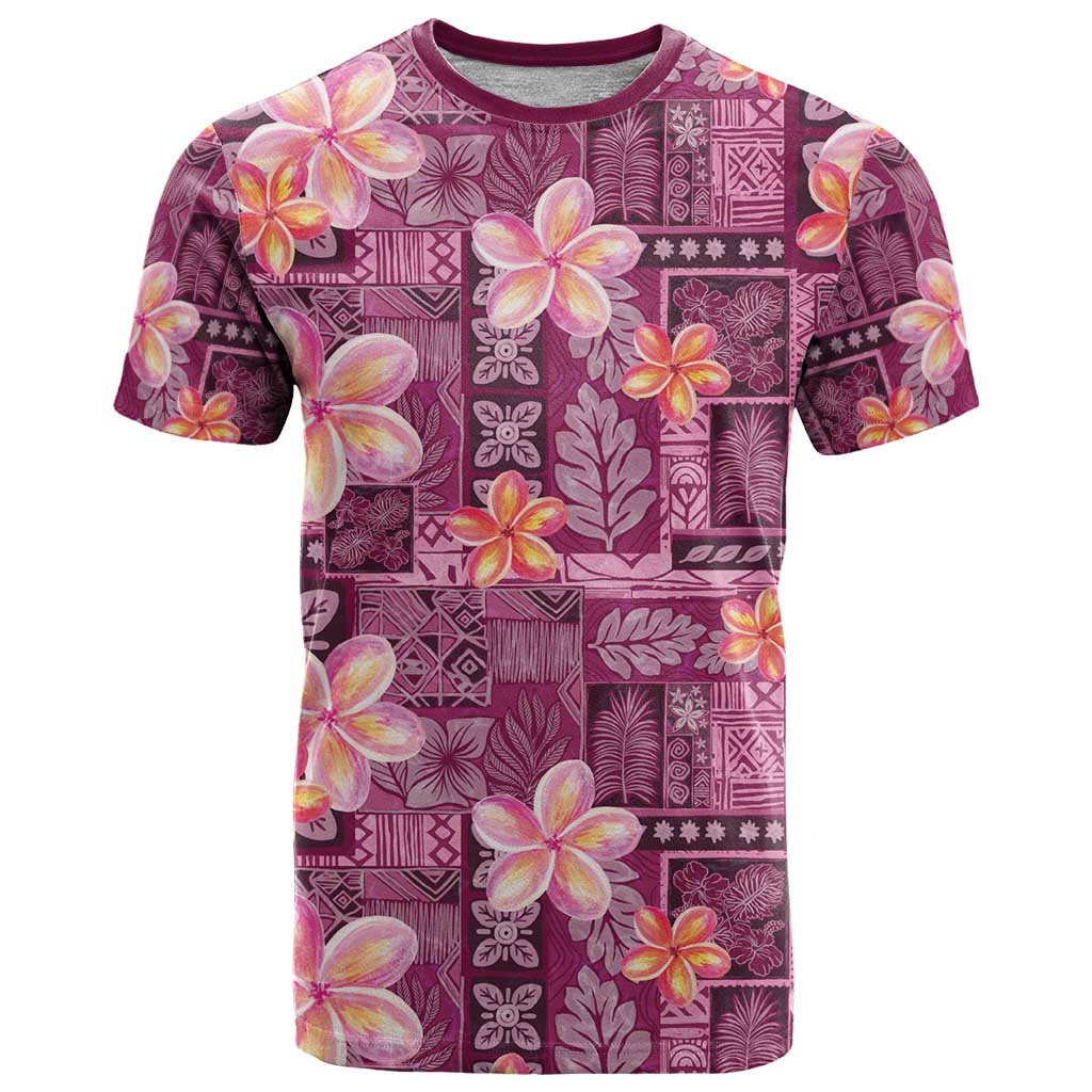 Pink Hawaii Plumeria With Tropical Flowers Motifs T Shirt