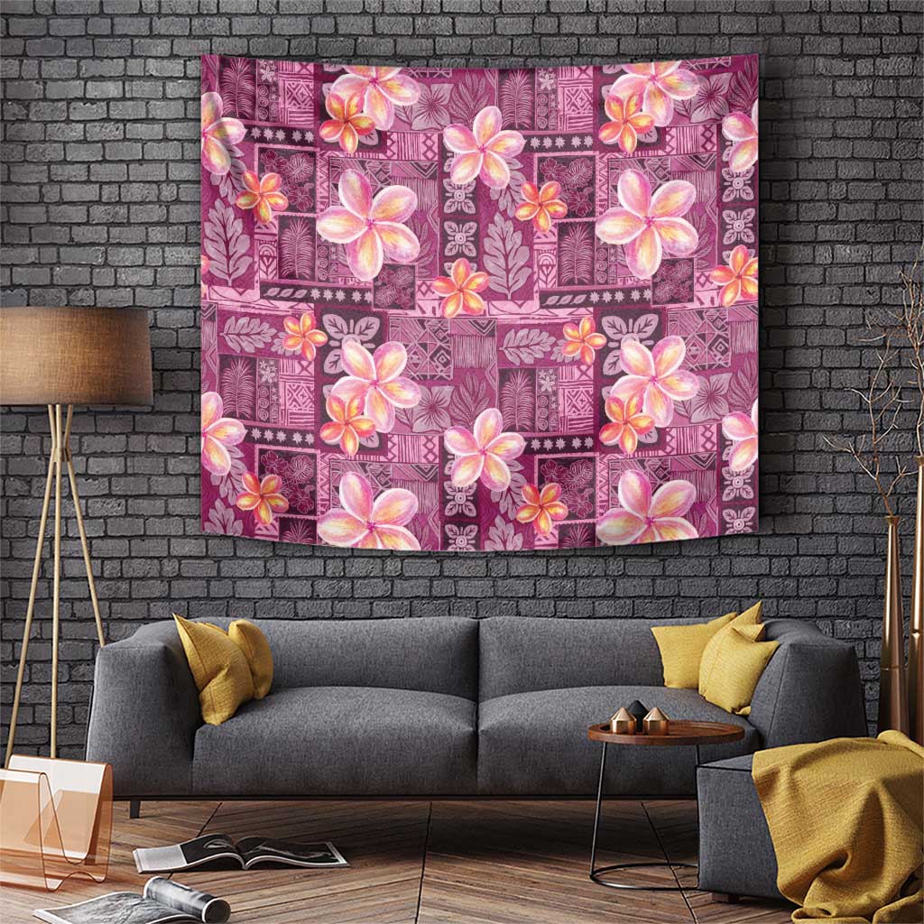 Pink Hawaii Plumeria With Tropical Flowers Motifs Tapestry