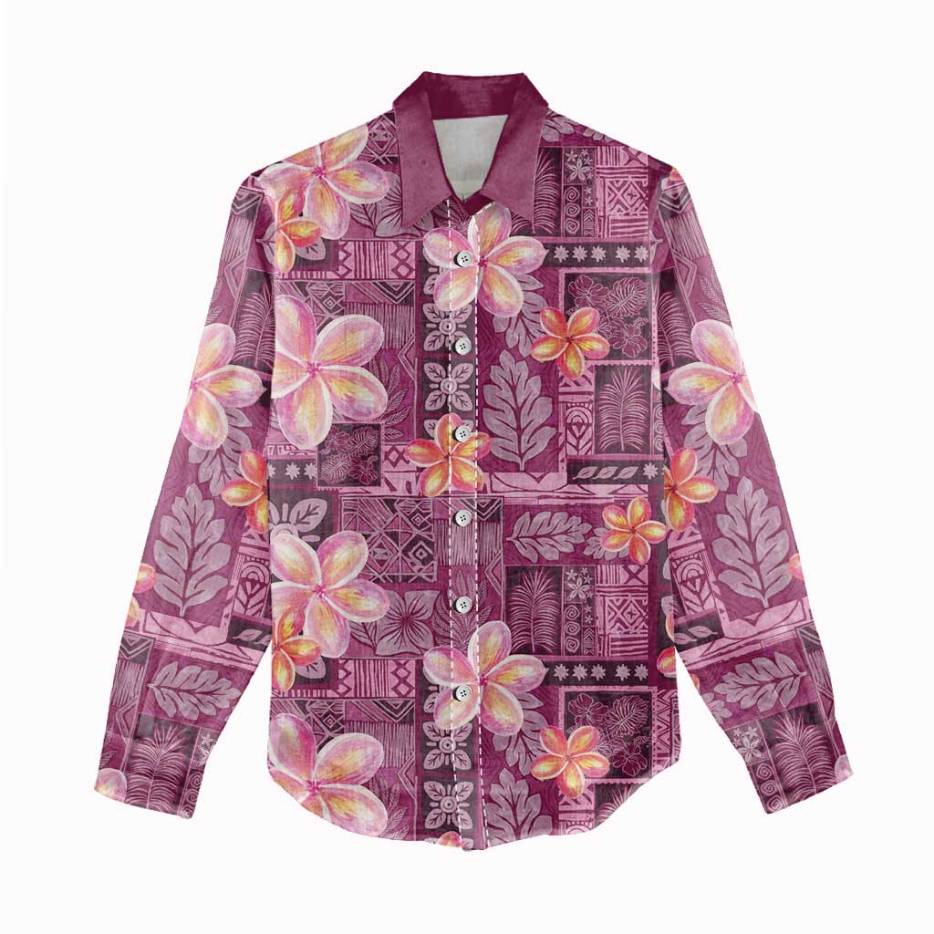 Pink Hawaii Plumeria With Tropical Flowers Motifs Women Casual Shirt