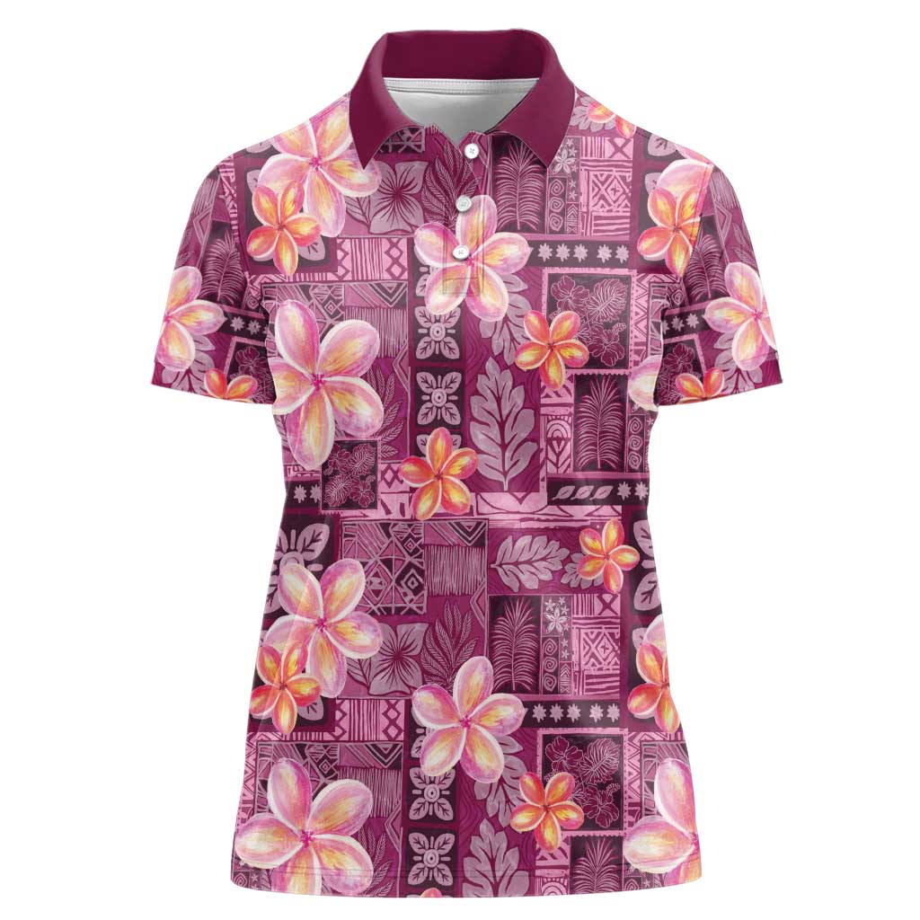 Pink Hawaii Plumeria With Tropical Flowers Motifs Women Polo Shirt