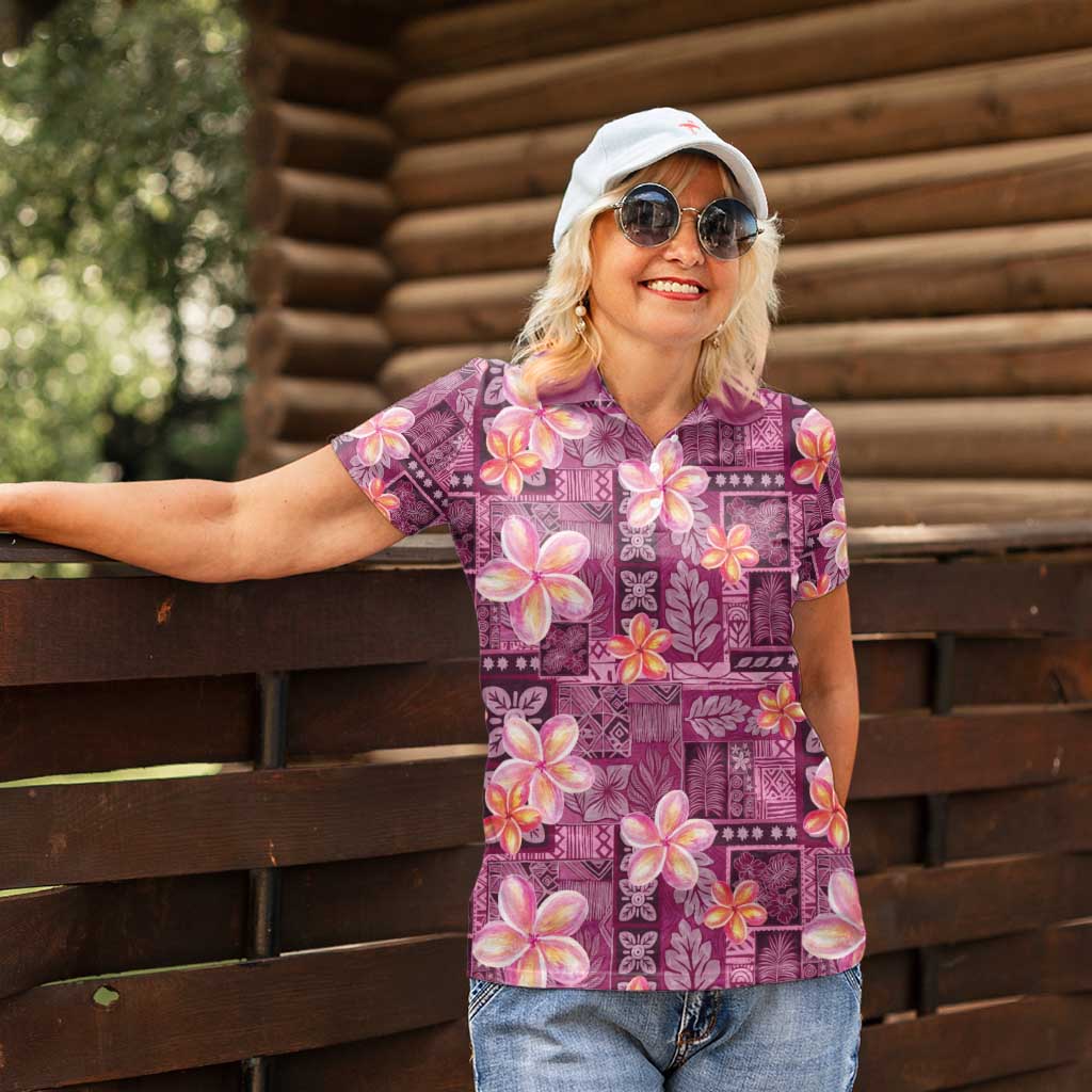 Pink Hawaii Plumeria With Tropical Flowers Motifs Women Polo Shirt