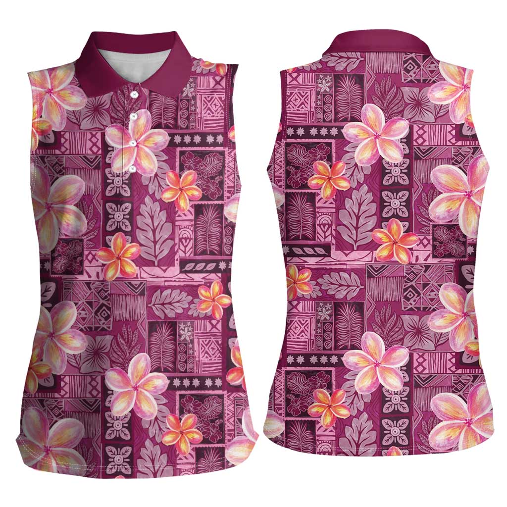 Pink Hawaii Plumeria With Tropical Flowers Motifs Women Sleeveless Polo Shirt
