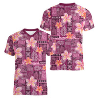 Pink Hawaii Plumeria With Tropical Flowers Motifs Women V-Neck T-Shirt