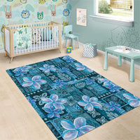 Cyan Hawaii Plumeria With Tropical Flowers Motifs Area Rug
