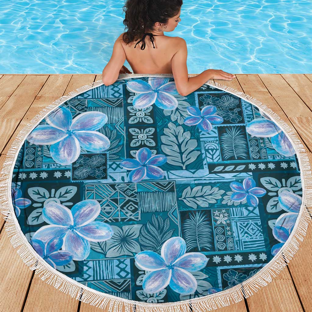 Cyan Hawaii Plumeria With Tropical Flowers Motifs Beach Blanket