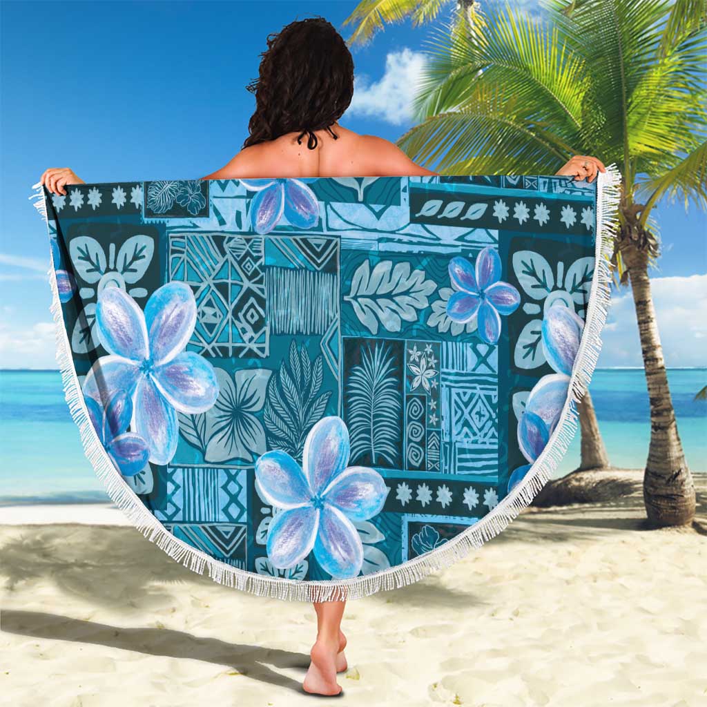Cyan Hawaii Plumeria With Tropical Flowers Motifs Beach Blanket
