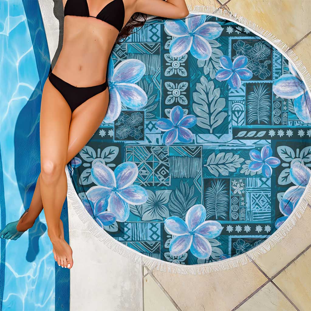 Cyan Hawaii Plumeria With Tropical Flowers Motifs Beach Blanket