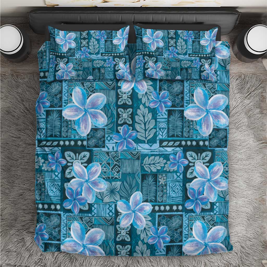 Cyan Hawaii Plumeria With Tropical Flowers Motifs Bedding Set