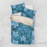 Cyan Hawaii Plumeria With Tropical Flowers Motifs Bedding Set