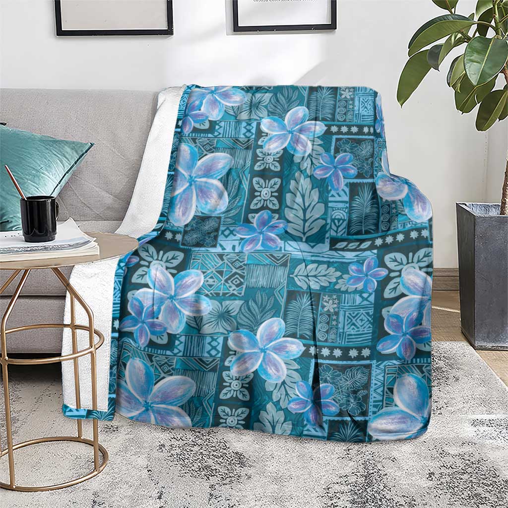 Cyan Hawaii Plumeria With Tropical Flowers Motifs Blanket