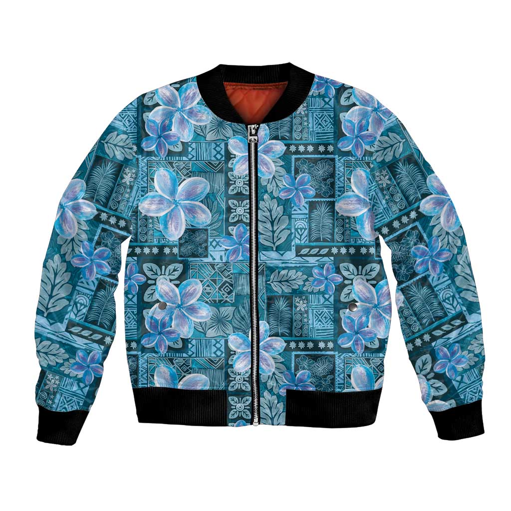 Cyan Hawaii Plumeria With Tropical Flowers Motifs Bomber Jacket