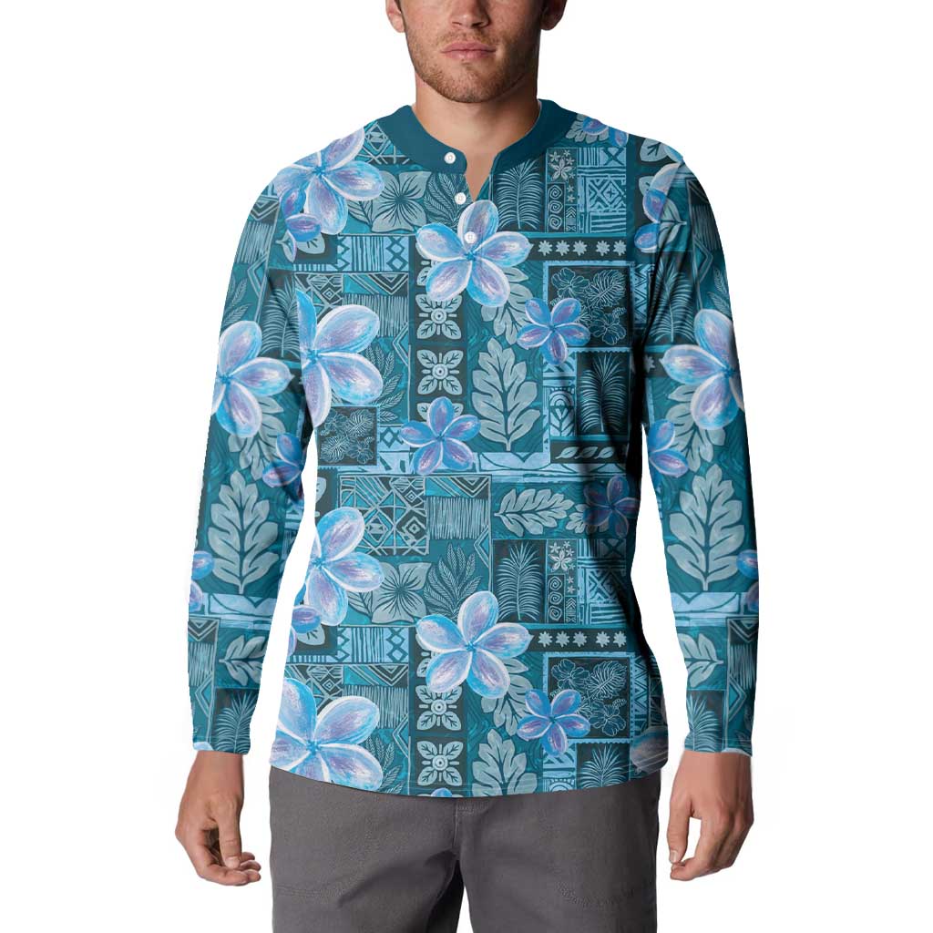 Cyan Hawaii Plumeria With Tropical Flowers Motifs Button Sweatshirt