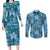 Cyan Hawaii Plumeria With Tropical Flowers Motifs Couples Matching Long Sleeve Bodycon Dress and Long Sleeve Button Shirt