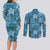 Cyan Hawaii Plumeria With Tropical Flowers Motifs Couples Matching Long Sleeve Bodycon Dress and Long Sleeve Button Shirt